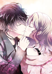  absurdres black_hair blonde_hair character_request closed_eyes diabolik_lovers earrings flower hair_flower hair_ornament hairpin highres jacket jewelry kissing komori_yui mii_(0726miya) mii_(793102) mukami_ruki necklace pink_hair smile 