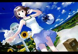  bag brown_hair female flower kikuchi_yume letterboxed mahou_tsukai_ni_taisetsu_na_koto open_mouth short_hair skirt solo stairs sunflower torii yoshizuki_kumichi 