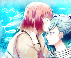  amnesia_(idea_factory) blue_eyes blue_hair brown_hair character_request closed_eyes kissing mii_(0726miya) mii_(793102) 