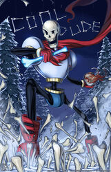  1boy armor artist_name bone boots bowl commentary english_commentary english_text food gloves hellknight10 highres holding holding_bone male_focus papyrus_(undertale) pasta photoshop_(medium) pine_tree raised_eyebrow scarf signature skeleton snow solo spaghetti tree undertale watermark web_address 