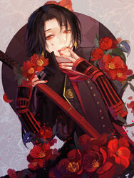  1boy absurdres black_hair blood blood_on_face camellia commentary earrings flower guan_tang_baozi highres jewelry kashuu_kiyomitsu katana male_focus mole mole_under_mouth nail_polish photoshop_(medium) red_eyes scarf solo sword touken_ranbu weapon 