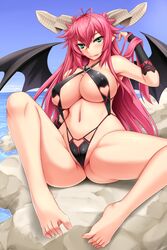  :p akitsuki_karasu asmodeus_(the_seven_deadly_sins) barefoot bikini black_bikini blue_sky breasts bridal_gauntlets cleavage clothing_cutout commentary_request day demon_girl demon_horns demon_wings feet female green_eyes hand_in_own_hair heart_cutout highres horns large_breasts licking_lips long_hair navel ocean pink_hair rock sitting sitting_on_rock sky slingshot_swimsuit solo spread_legs swimsuit the_seven_deadly_sins toes tongue tongue_out very_long_hair wings 