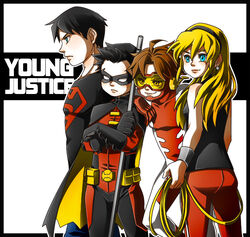  3boys bart_allen batman_(series) black_hair blonde_hair blue_eyes brown_hair cape cassandra_sandsmark dc_comics domino_mask earrings female flash_(series) gloves goggles impulse jewelry lasso mask multiple_boys robin_(dc) s_shield silverly superboy superhero superman_(series) tim_drake wonder_girl wonder_woman_(series) yellow_eyes young_justice young_justice:_invasion 