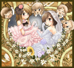  6+girls blue_flower blue_rose blush brown_eyes brown_hair cellphone commentary_request couple dress flower girl_friends_(manga) happy heart hi-ho- highres kumakura_mariko kuno_chiharu lily_(flower) long_hair multiple_girls oohashi_akiko phone photoshop_(medium) pink_flower pink_rose rose sekine_tamami short_hair smile sugiyama_satoko sunflower taguchi_urara tears wedding_dress wife_and_wife yuri 