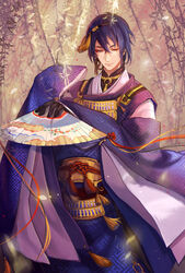  1boy black_gloves blue_eyes blue_hair commentary folding_fan gloves guan_tang_baozi hand_fan highres japanese_clothes male_focus mikazuki_munechika one_eye_closed photoshop_(medium) sayagata smile solo touken_ranbu 