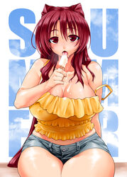  bare_shoulders breasts camisole cleavage collarbone commentary_request covered_nipples curvy female food food_on_body grey_shorts kousaka_tamaki large_breasts legs_together long_hair looking_at_viewer md5_mismatch melting midriff off_shoulder ponytail popsicle red_eyes red_hair short_shorts shorts sitting solo strap_slip sweat thick_thighs thighs to_heart_(series) to_heart_2 tongue very_long_hair yamaguchi_homupe 