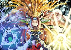  body_markings dress duel_monster energy_ball eyebrows eyelashes female gishki_emilia horns komakinyan long_hair looking_at_viewer mirror nekroz_of_sophia orb purple_dress red_eyebrows red_eyes red_hair solo yu-gi-oh! yuu-gi-ou_duel_monsters 