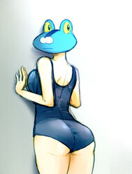  against_wall back bare_legs female froakie kikori looking_back one-piece_swimsuit pokemon pokemon_(game) pokemon_xy solo startostar swimsuit what yellow_sclera 