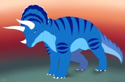  2017 4_toes ambiguous_gender blue_body blue_eyes blue_scales ceratopsian dinosaur extinct feet feral frown gradient_background horn looking_away ornithischian prehistoric_species pubic_boot reptile revadiehard scales scalie scowl simple_background solo standing tabra toes triceratops 