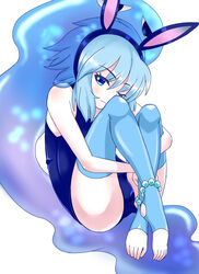  ;3 animal_ears bare_shoulders blue_eyes blue_hair blue_thighhighs commentary_request corriente_(show_by_rock!!) female gem hat highres hugging_own_legs looking_at_viewer one-piece_swimsuit one_eye_closed pearl_(gemstone) rabbit_ears school_swimsuit short_hair show_by_rock!! sitting smile solo swimsuit thighhighs toeless_legwear torone_(emerada121) 