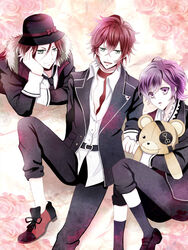  3boys bow bowtie brothers calf_socks character_request diabolik_lovers hat male_focus mii_(793102) multiple_boys oerba_yun_fang purple_eyes purple_hair red_hair sakamaki_ayato sakamaki_kanato sakamaki_laito siblings silver_eyes stuffed_animal stuffed_toy teddy_(diabolik_lovers) teddy_bear 