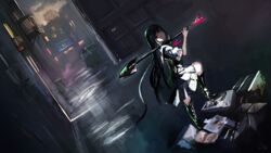  alley bad_id bad_pixiv_id black_hair boots building female fire_escape high_heel_boots high_heels highres itodome long_hair looking_back neon_lights original pleated_skirt red_eyes school_uniform serafuku shovel skirt solo television trash 