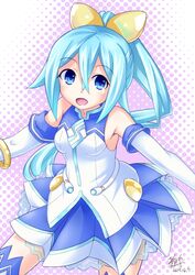  blue_eyes blue_hair blush choujigen_taisen_neptune_vs_sega_hard_girls commentary_request detached_sleeves female hair_ornament hechima-bushi long_hair looking_at_viewer neptune_(series) open_mouth ponytail ribbon sega_hatsumi smile solo 