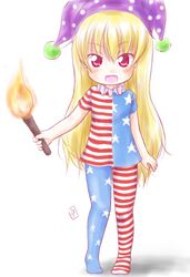  american_flag american_flag_legwear american_flag_print american_flag_shirt blonde_hair clownpiece commentary_request female flag_print hat jester_cap long_hair open_mouth pantyhose print_shirt red_eyes shirt smile solo torch touhou uho_(uhoyoshi-o) 