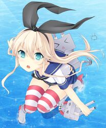  anchor black_panties blonde_hair blue_eyes commentary_request female highres kantai_collection lifebuoy long_hair looking_at_viewer open_mouth panties rensouhou-chan shimakaze_(kancolle) striped_clothes striped_thighhighs swim_ring thighhighs underwear wata_(akawata) 