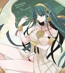  aqua_eyes aqua_hair bare_shoulders black_panties bracelet cleopatra_(fate) cleopatra_(third_ascension)_(fate) collar commentary_request earrings fate/grand_order fate_(series) female jewelry long_hair mom_29_mom necklace panties simple_background smile solo twitter_username underwear very_long_hair 