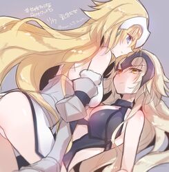  2girls ass back bare_shoulders blonde_hair blue_eyes blush breasts cleavage clothing_cutout commentary_request elbow_gloves fate/apocrypha fate/grand_order fate_(series) gauntlets gloves helmet jeanne_d&#039;arc_(fate) jeanne_d&#039;arc_(third_ascension)_(fate) jeanne_d&#039;arc_alter_(avenger)_(fate) jeanne_d&#039;arc_alter_(avenger)_(third_ascension)_(fate) jeanne_d&#039;arc_alter_(fate) large_breasts long_hair lying mom_29_mom multiple_girls on_back purple_background simple_background twitter_username yellow_eyes 