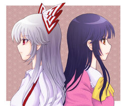  2girls back-to-back black_hair blush bow commentary_request fujiwara_no_mokou grey_hair hair_ribbon hairbow houraisan_kaguya long_hair mitsucho multiple_girls photoshop_(medium) red_eyes ribbon shirt smile suspenders touhou very_long_hair white_hair 