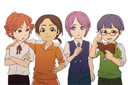  4boys blue_hair brown_hair commentary_request eyewear_on_head genderswap_(ftm) glasses inazuma_eleven inazuma_eleven_(series) kino_aki kudou_fuyuka male_focus multiple_boys nattou-toufu otonashi_haruna photoshop_(medium) purple_hair raimon_natsumi red_hair rule_63 short_hair 