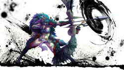  aiming arrow_(projectile) attack blue_hair bow_(weapon) commentary_request drawing_bow female flameskevin holding holding_arrow holding_bow_(weapon) holding_weapon long_hair mask midriff monster_hunter_(character) monster_hunter_(series) nargacuga_(armor) no_lineart outstretched_arm photoshop_(medium) solo weapon 