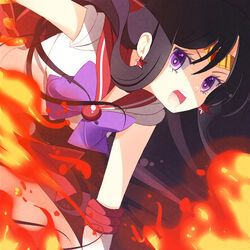  bishoujo_senshi_sailor_moon black_hair choker commentary_request earrings elbow_gloves female fire gloves hino_rei izumi_k_rukawa jewelry long_hair lowres magical_girl open_mouth photoshop_(medium) purple_eyes red_sailor_collar sailor_collar sailor_mars sailor_senshi_uniform skirt solo tiara 