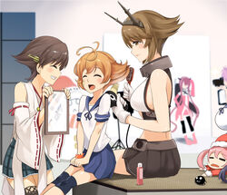  6+girls :&lt; :3 ahoge aoba_(kancolle) artist_self-insert bandaid bandaid_on_face breasts brown_eyes brown_hair brushing_another&#039;s_hair brushing_hair chibi commentary_request crab darkmaya detached_sleeves failure_penguin gloves grin hair_bobbles hair_brush hair_dryer hair_ornament hairband hairdressing hat headgear hiei_(kancolle) kantai_collection kawakaze_(kancolle) large_breasts mirror multiple_girls mutsu_(kancolle) nontraditional_miko oboro_(kancolle) open_mouth orange_hair photoshop_(medium) pink_hair purple_hair red_hair roma_(kancolle) santa_hat sazanami_(kancolle) short_hair sitting smile snowman tears the_roma-like_snowman themed_object thighhighs twintails wide_sleeves 