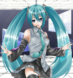  aqua_hair bar_graph blue_eyes cardiogram commentary_request detached_sleeves female graph graph_(object) hatsune_miku headset hija holographic_interface long_hair necktie partial_commentary skirt solo thighhighs twintails very_long_hair vocaloid 