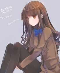  black_pantyhose brown_eyes brown_hair commentary_request fate/extra fate_(series) female kishinami_hakuno_(female) long_hair looking_at_viewer mom_29_mom neck_ribbon pantyhose ribbon school_uniform simple_background sitting solo tsukumihara_academy_uniform_(fate/extra) twitter_username 