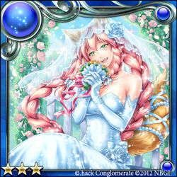  .hack// 2012 animal_ears arch bouquet braid bridal_veil bride commentary_request dress elbow_gloves female floral_arch flower fox_ears fox_tail gloves green_eyes guilty_dragon jewelry kazura_enji kokore_(guilty_dragon) long_hair pink_hair quad_tails rose smile solo star_(symbol) strapless strapless_dress tail veil wedding_dress white_dress 