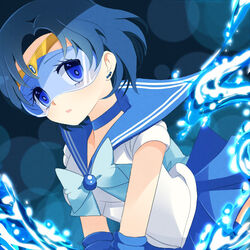  bishoujo_senshi_sailor_moon blue-tinted_eyewear blue_choker blue_eyes blue_hair blue_sailor_collar blue_skirt blue_theme blush choker commentary_request earrings female izumi_k_rukawa jewelry lowres magical_girl mizuno_ami photoshop_(medium) sailor_collar sailor_mercury sailor_senshi_uniform short_hair skirt solo tiara tinted_eyewear visor water 