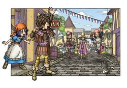  5girls 6+boys armor bandana boots dragon_quest dragon_quest_ix feline gloves hat hero_(dq9) multiple_boys multiple_girls official_art rikka_(dq9) sett staff toriyama_akira town 