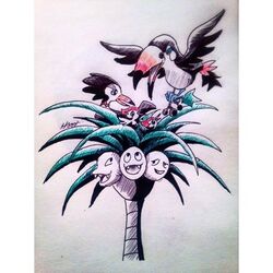  alolan_exeggutor berries bird exeggutor no_humans pikipek pokemon pokemon_(creature) pokemon_(game) pokemon_sm toucan toucannon trumbeak woodpecker 