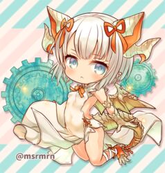  bad_id bad_pixiv_id blonde_hair blue_eyes chibi claws dragon_girl dragon_wings dress female gears hair_ribbon horns mashiro_miru myr_(p&amp;d) pointy_ears puzzle_&amp;_dragons ribbon short_hair sideless_outfit solo wings 