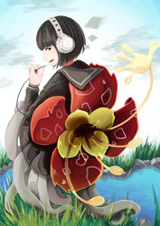  black_hair commentary_request day female flower grass headphones monster_girl nene_nene outdoors school_uniform serafuku short_hair standing tentacle urase_(oiyara) utau water 