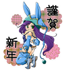  akuyu akuyuu_(akuyuworld) animal_ears bunny_ears bunny_tail detached_sleeves faris_scherwiz female final_fantasy final_fantasy_5 full_body green_eyes hat jester jester_cap leotard long_hair looking_back purple_hair solo tail white_background 