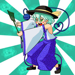  :d aqua_hair bare_shoulders bbb_(33kudo) blush_stickers commentary_request cosplay detached_sleeves female flower flyswatter green_eyes hat hat_ribbon heart heart_of_string kochiya_sanae kochiya_sanae_(cosplay) komeiji_koishi open_mouth ribbon short_hair smile solo third_eye touhou 