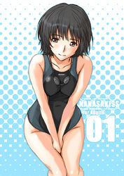  amagami black_hair brown_eyes commentary_request competition_swimsuit female goggles goggles_around_neck ishihara_souka nanasaki_ai one-piece_swimsuit own_hands_together polka_dot polka_dot_background short_hair solo swimsuit 