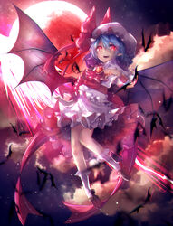  ascot bat_(animal) bat_wings blue_hair bow brooch cloud commentary_request dress fangs female flying full_moon hat hat_bow highres jewelry mob_cap moon nail_polish night open_mouth pink_eyes red_moon red_nails remilia_scarlet sash senshuu_kou sky smile solo spear_the_gungnir touhou white_dress wings 