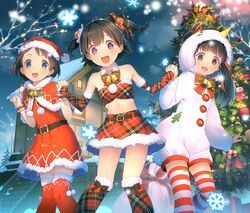  3girls :d akagi_miria bare_shoulders belt black_hair blue_eyes blush braid capelet christmas_tree detached_sleeves dress fukuyama_mai hat highres holding_hands house idolmaster idolmaster_cinderella_girls interlocked_fingers long_hair looking_at_viewer midriff multiple_girls night night_sky open_mouth ponytail red_eyes sack santa_costume santa_hat sasaki_chie short_hair single_braid skirt sky smile snow snowman_costume star-shaped_pupils star_(symbol) striped_clothes striped_thighhighs symbol-shaped_pupils teiryoku_lolita thighhighs top_hat twintails two_side_up wrist_cuffs 