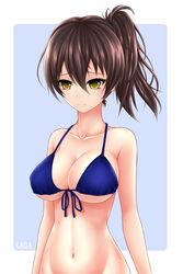  bad_id bad_pixiv_id bikini blue_bikini breasts brown_hair commentary_request female kaga_(kancolle) kantai_collection large_breasts navel photoshop_(medium) rain_(rain910) side_ponytail solo swimsuit yellow_eyes 