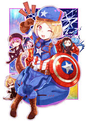  2girls 3boys armor babe_(fate) belt billy_the_kid_(fate) black_widow black_widow_(cosplay) blonde_hair blue_eyes blush boots bow_(weapon) breasts bull cape captain_america captain_america_(cosplay) charles_babbage_(fate) cleavage commentary cosplay fate/grand_order fate_(series) gevjon gloves green_hair hammer hat hawkeye_(marvel) hawkeye_(marvel)_(cosplay) helena_blavatsky_(fate) highres iron_man iron_man_(cosplay) long_sleeves marvel multiple_boys multiple_girls nikola_tesla_(fate) one_eye_closed open_mouth paul_bunyan_(fate) photoshop_(medium) purple_eyes purple_hair shield short_hair small_breasts smile sunglasses teeth thor_(marvel) thor_(marvel)_(cosplay) weapon yellow_eyes 