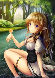  bird blonde_hair braid breasts bush capelet cleavage commentary_request dress earrings elf female hair_ribbon jewelry long_hair medium_breasts natami_(sukeham) nature original photoshop_(medium) pointy_ears purple_eyes ribbon river scenery sitting smile soaking_feet solo tree water 