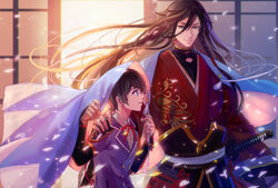  2boys black_hair blue_eyes braid buttons commentary double-breasted earrings guan_tang_baozi hand_on_another&#039;s_shoulder haori highres horikawa_kunihiro izumi-no-kami_kanesada japanese_clothes jewelry male_focus multiple_boys petals photoshop_(medium) shared_clothes shinsengumi side_braid smile stud_earrings touken_ranbu 