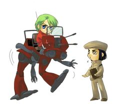  2boys arthur_rank blue_eyes brown_eyes chibi green_hair hat mecha multiple_boys overseer_biel sentou_mecha_xabungle uniform 