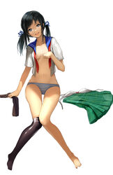  bad_id bad_pixiv_id barefoot black_eyes black_hair bra breasts ddongu dressing female glasses hair_ribbon head_tilt highres kneehighs knees_together_feet_apart legs long_legs medium_breasts nail_polish navel open_clothes open_mouth open_shirt original over-kneehighs panties photoshop_(medium) plaid plaid_skirt ribbon school_uniform serafuku shirt short_twintails simple_background single_kneehigh single_sock skirt smile socks solo striped_clothes striped_panties thighhighs toenail_polish toenails twintails underwear unworn_bra unworn_skirt white_background 