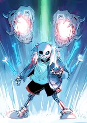  1boy artist_name black_sclera bone colored_sclera full_body fur_trim gasterblaster glowing glowing_eye grin hood hoodie jacket male_focus one-eyed open_clothes open_jacket open_mouth orb01 powering_up sans_(undertale) shirt shorts skeleton skull slippers smile socks solo spoilers teeth undertale white_shirt 