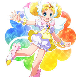  bare_legs blonde_hair bloomers blue_eyes brooch candy_(smile_precure!) choker commentary_request double_bun earrings female hair_bun highres jewelry personification photoshop_(medium) precure rainbow_background royal_candy sayousuke shoes short_hair skirt smile smile_precure solo tiara underwear white_bloomers white_choker wrist_cuffs 