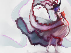  adapted_costume arm_up artist_name barefoot blue_hair charimei commentary_request dress female frilled_dress frills full_body hat hat_ribbon highres looking_at_viewer nagae_iku parted_lips pink_dress purple_hair red_eyes ribbon shawl short_hair simple_background smile solo tiptoes touhou water 