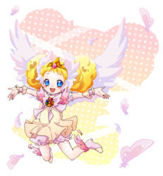  angel_wings bare_legs blonde_hair bloomers blue_eyes brooch candy_(smile_precure!) choker commentary_request double_bun earrings feathered_wings feathers female full_body hair_bun jewelry kamabo_ko outstretched_arms personification polka_dot polka_dot_background precure royal_candy shoes short_hair skirt smile smile_precure solo spread_arms tiara underwear white_bloomers white_choker wings wrist_cuffs 