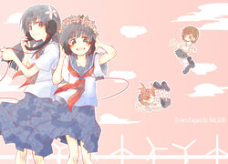  4girls aircraft black_hair blush blush_stickers brown_hair chibi commentary_request dirigible eerr falling flower hair_flower hair_ornament head_wreath headphones leg_warmers long_hair misaka_mikoto multiple_girls sakugawa_school_uniform saten_ruiko school_uniform serafuku shirai_kuroko short_hair skirt summer_uniform toaru_kagaku_no_railgun toaru_majutsu_no_index tokiwadai_school_uniform uiharu_kazari wind_turbine 